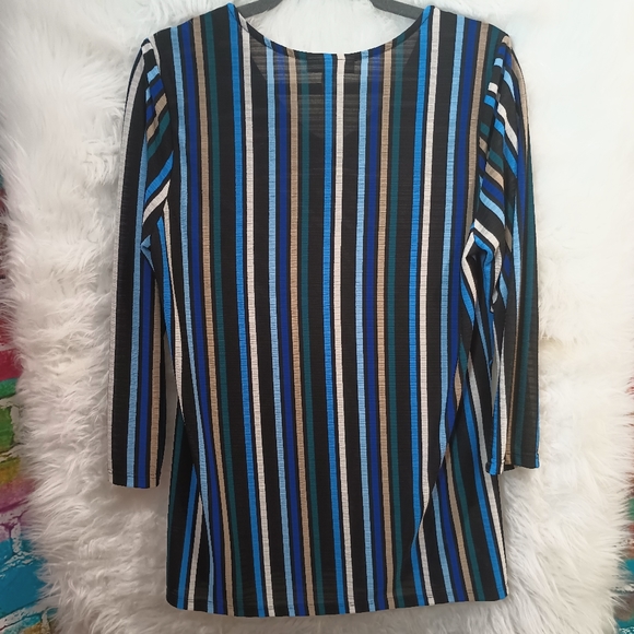 Dana Buchman Blue Green Black White and Tan Striped Long Sleeve V Neck Top L - Picture 6 of 8
